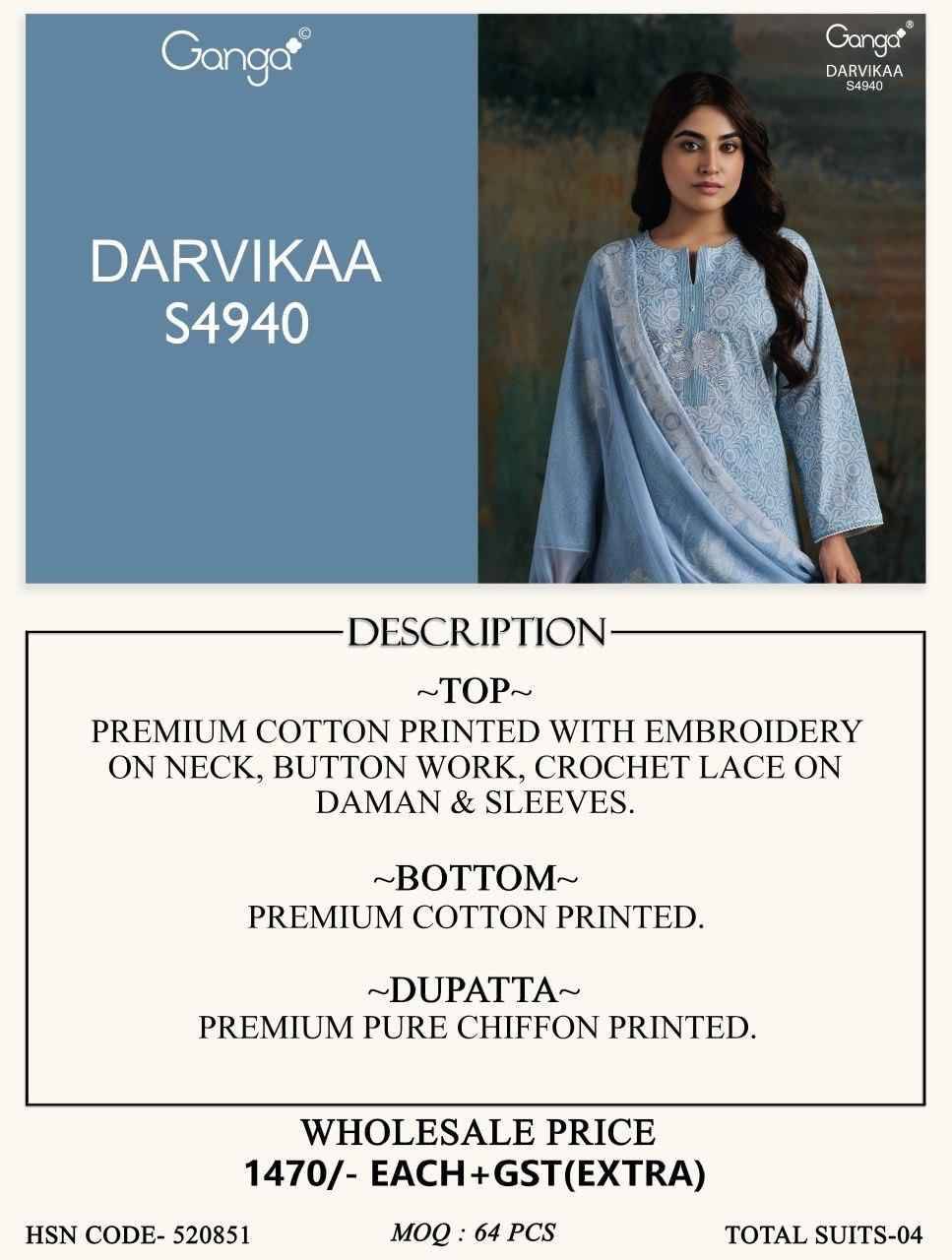 DARVIKAA 4940 Series By Ganga Fashion Beautiful Festive Suits Stylish Colorful Fancy Casual Wear & Ethnic Wear PREMIUM COTTON Dresses At Wholesale Price
